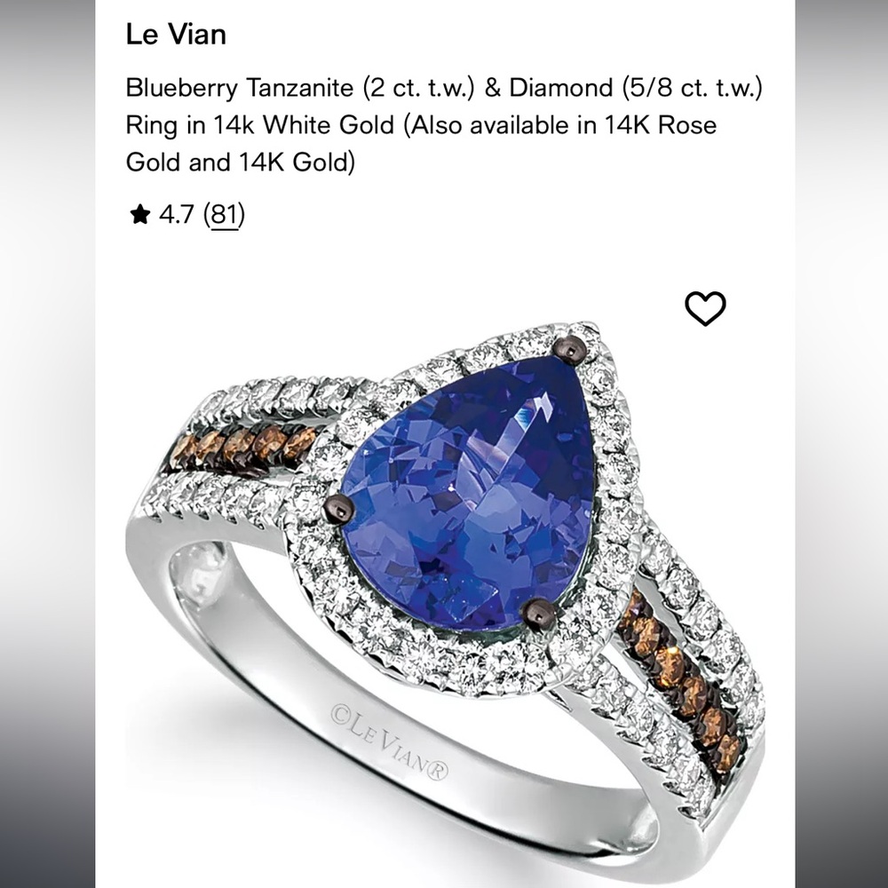 Levian Teardrop Blueberry Tanzanite Ring with Chocolate Diamond Accents